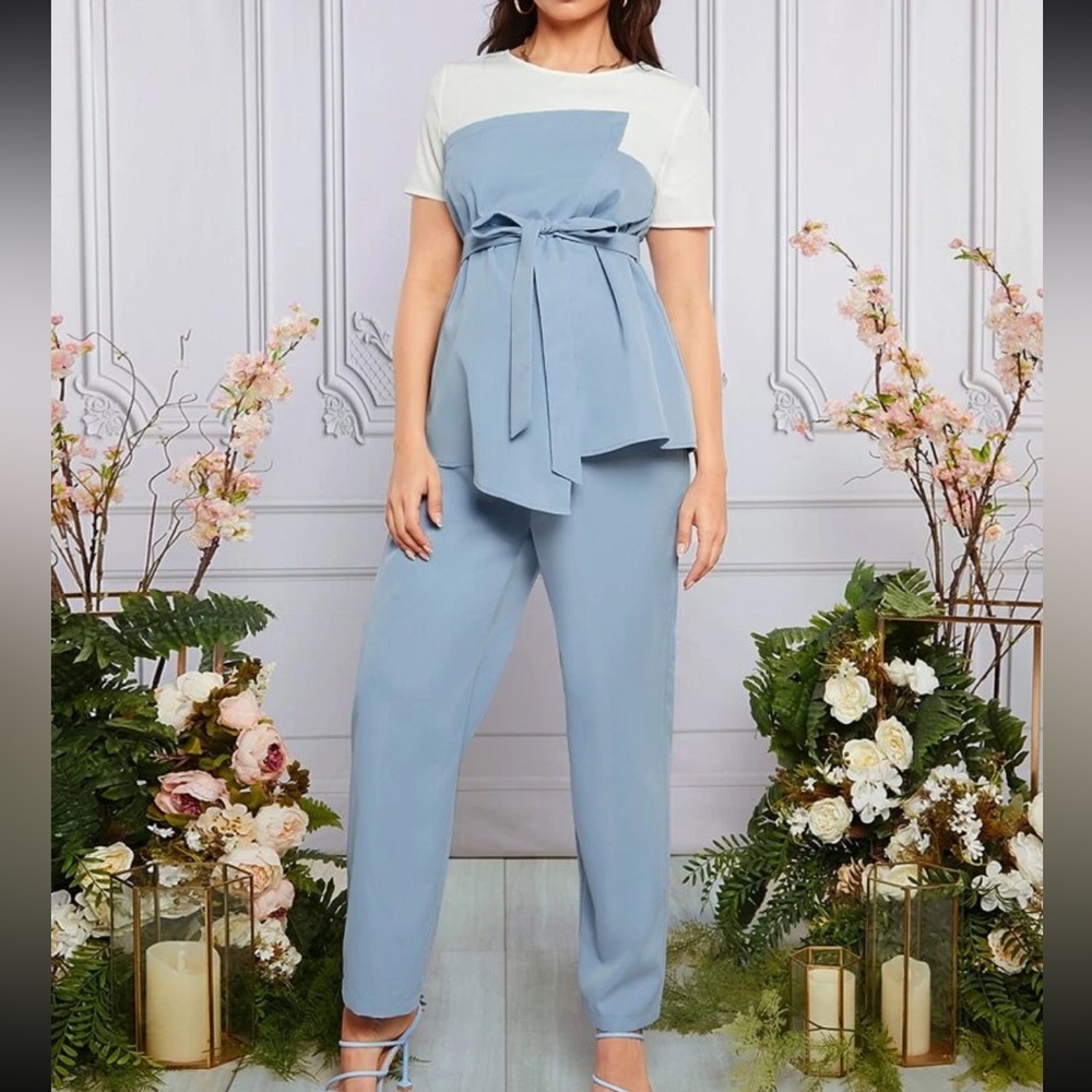 Maternity Colorblock Asymmetrical Hem Belted Top & Adjustable Waist Pants Set
